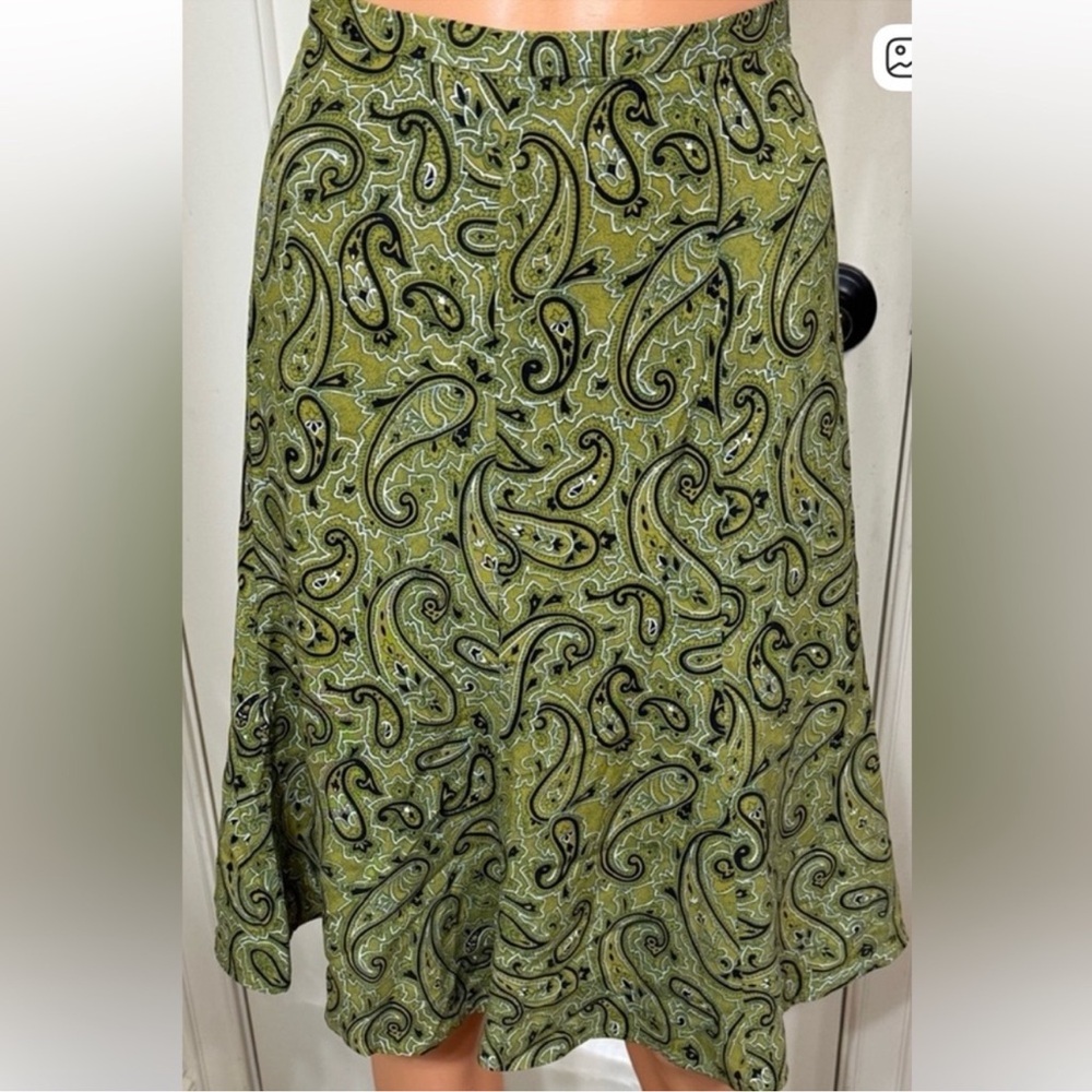 Vintage Silk Paisley Midi Skirt Green A-Line High Waist Boho Size 12 - Picture 2 of 4